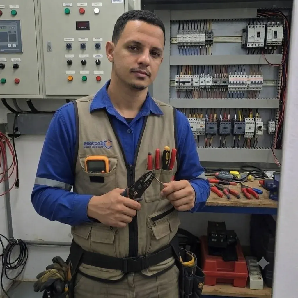Henrique realizando um serviço em um painel elétrico
